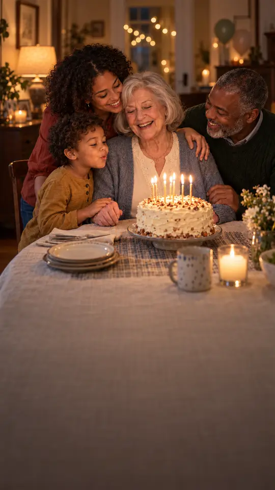 A grandmother on her birthday, surrounded by her family.