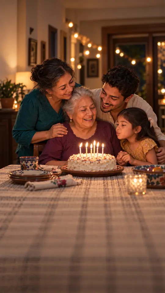 Una abuela en su cumpleaños, rodeada de su familia.