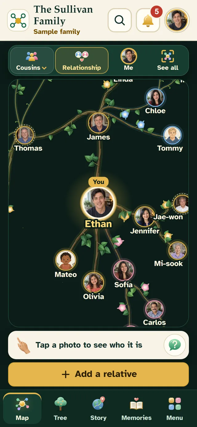ReuniTree on a phone: the Sullivan family map, a sample family, with Ethan in the middle and his family around him.
